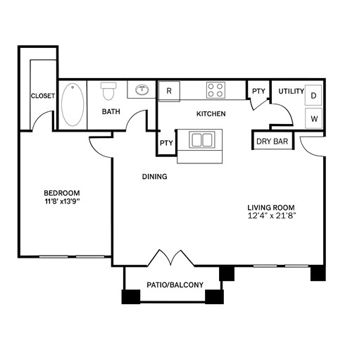 Floor plan for 1 bed, 1 bath, 706 sqft